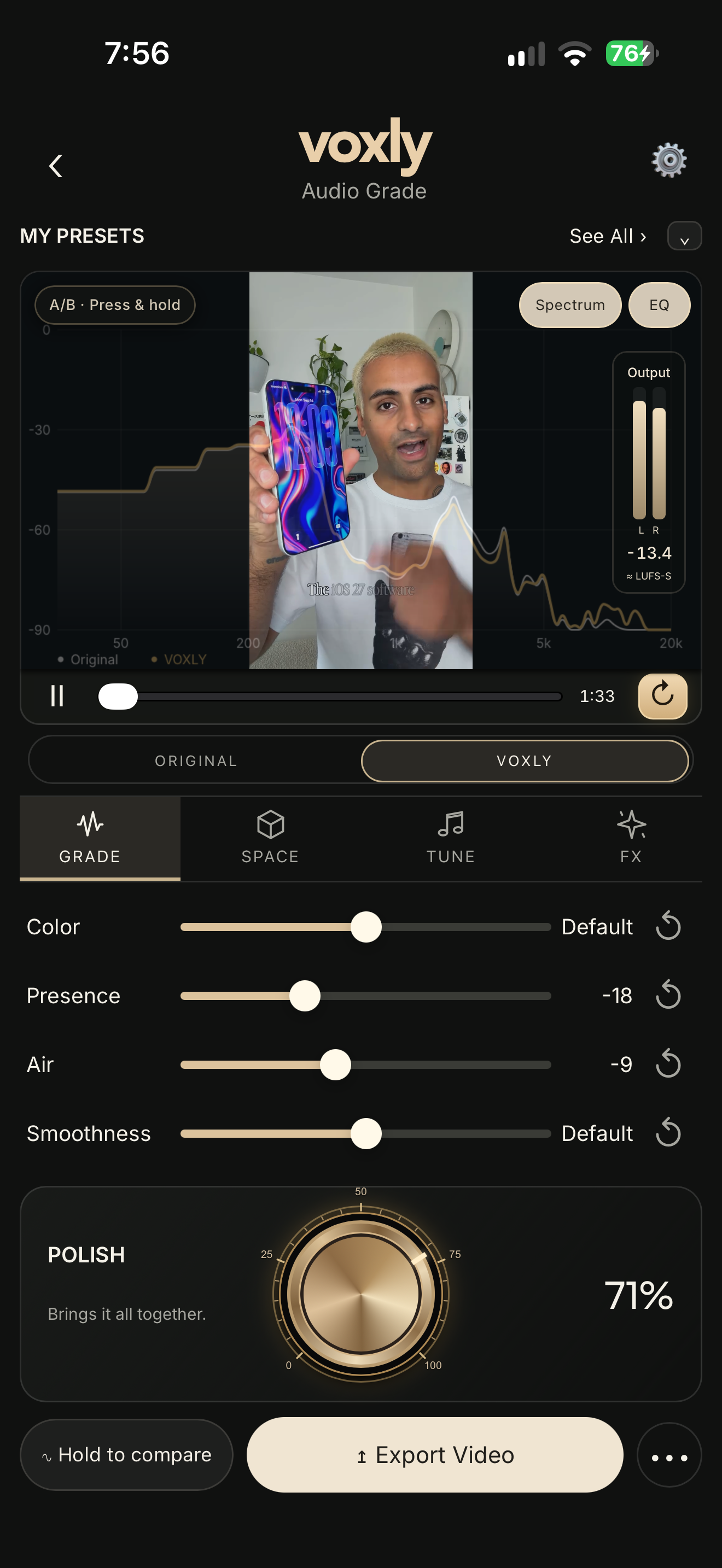 VOXLY V3.2 on iPhone with a creator video, spectrum, Grade sliders and POLISH control
